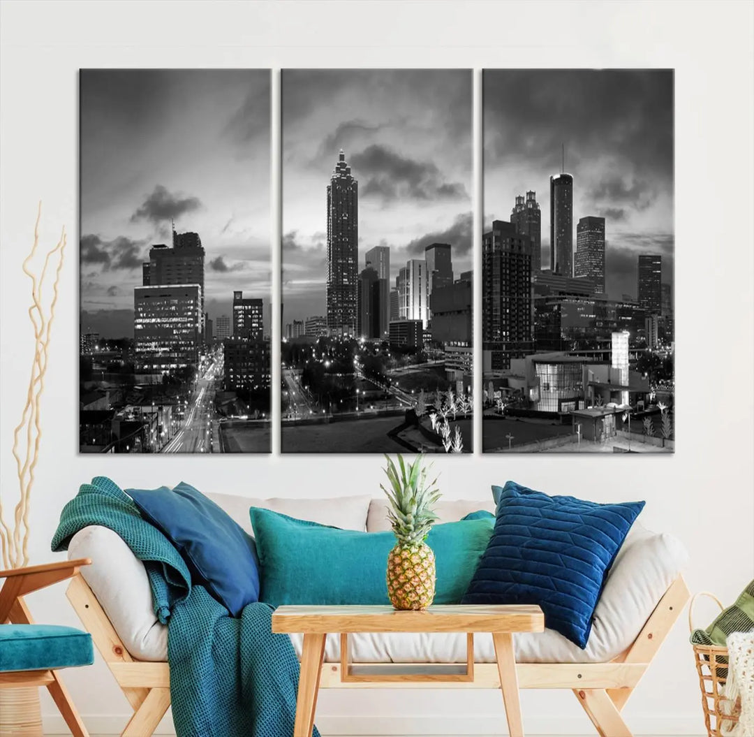 Elevate your space with the Atlanta City Cloudy Skyline Black and White Wall Art, expertly printed on museum-quality canvas. This eye-catching piece comes ready to hang after being professionally hand-assembled for a flawless finish.