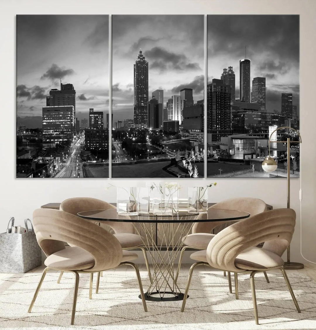 Elevate your space with the Atlanta City Cloudy Skyline Black and White Wall Art, expertly printed on museum-quality canvas. This eye-catching piece comes ready to hang after being professionally hand-assembled for a flawless finish.