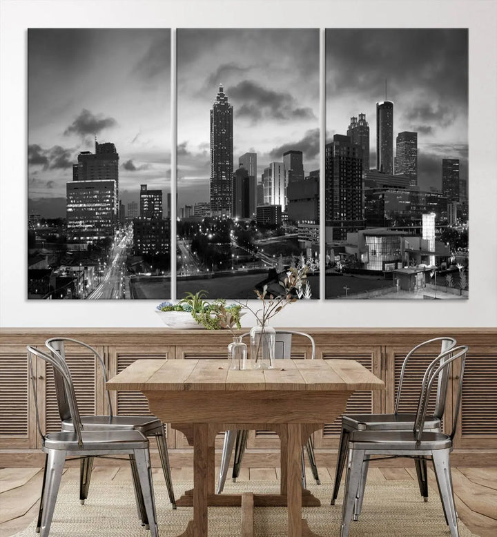 Elevate your space with the Atlanta City Cloudy Skyline Black and White Wall Art, expertly printed on museum-quality canvas. This eye-catching piece comes ready to hang after being professionally hand-assembled for a flawless finish.