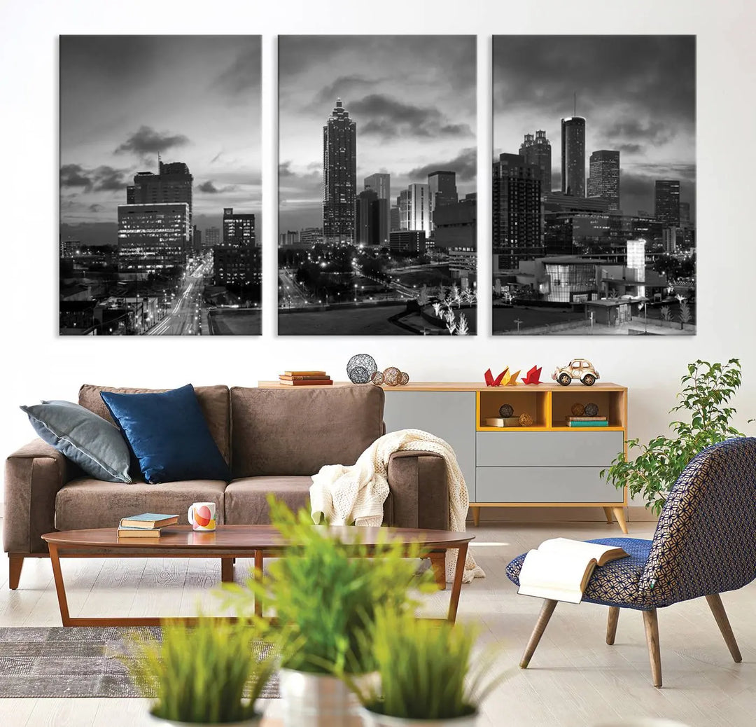 Elevate your space with the Atlanta City Cloudy Skyline Black and White Wall Art, expertly printed on museum-quality canvas. This eye-catching piece comes ready to hang after being professionally hand-assembled for a flawless finish.