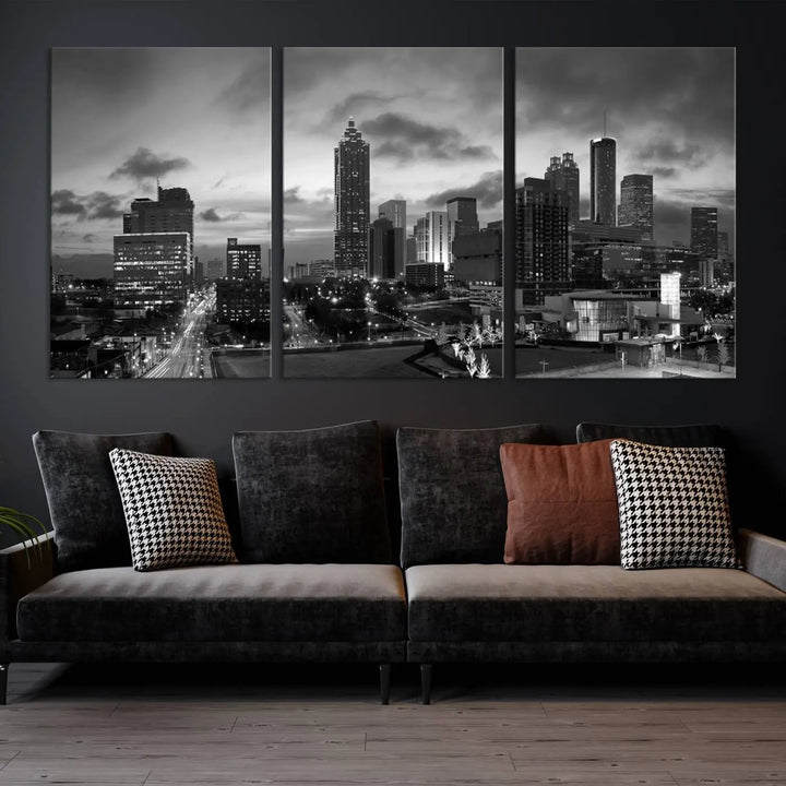 Elevate your space with the Atlanta City Cloudy Skyline Black and White Wall Art, expertly printed on museum-quality canvas. This eye-catching piece comes ready to hang after being professionally hand-assembled for a flawless finish.