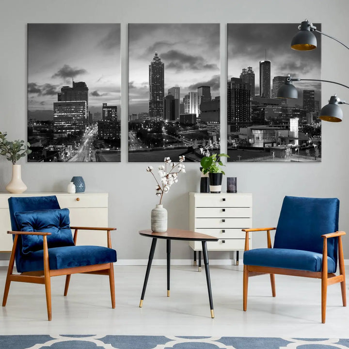 Elevate your space with the Atlanta City Cloudy Skyline Black and White Wall Art, expertly printed on museum-quality canvas. This eye-catching piece comes ready to hang after being professionally hand-assembled for a flawless finish.