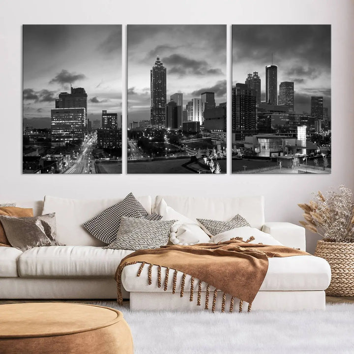 Elevate your space with the Atlanta City Cloudy Skyline Black and White Wall Art, expertly printed on museum-quality canvas. This eye-catching piece comes ready to hang after being professionally hand-assembled for a flawless finish.