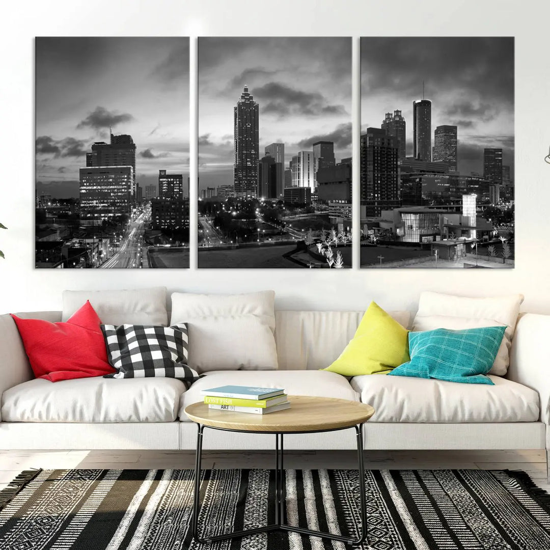 Elevate your space with the Atlanta City Cloudy Skyline Black and White Wall Art, expertly printed on museum-quality canvas. This eye-catching piece comes ready to hang after being professionally hand-assembled for a flawless finish.