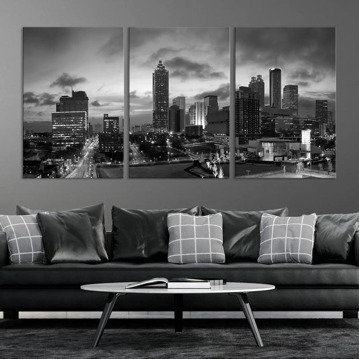 Elevate your space with the Atlanta City Cloudy Skyline Black and White Wall Art, expertly printed on museum-quality canvas. This eye-catching piece comes ready to hang after being professionally hand-assembled for a flawless finish.