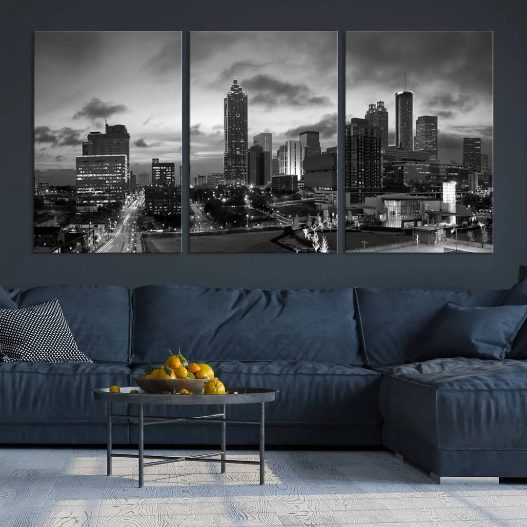 Elevate your space with the Atlanta City Cloudy Skyline Black and White Wall Art, expertly printed on museum-quality canvas. This eye-catching piece comes ready to hang after being professionally hand-assembled for a flawless finish.