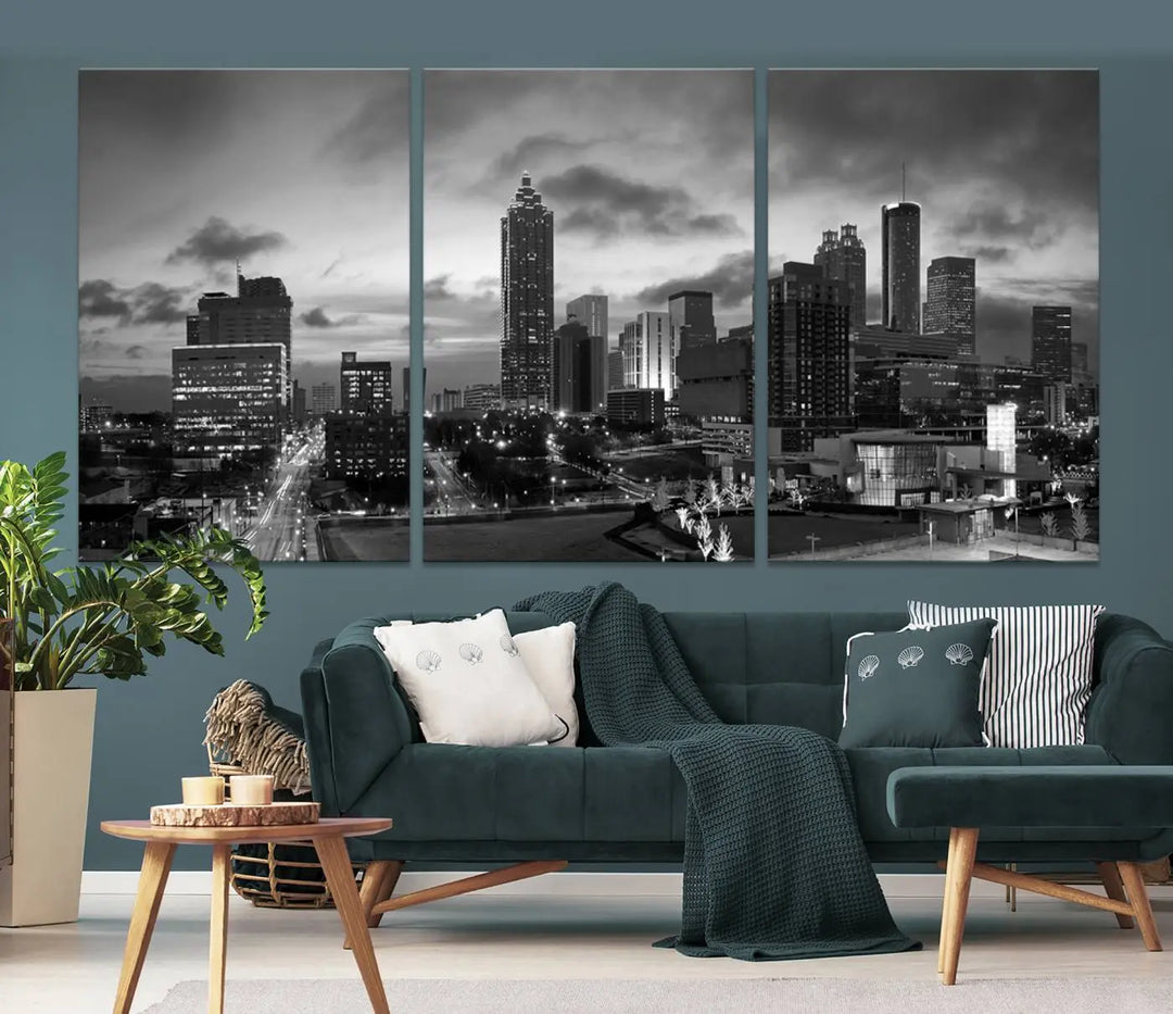 Elevate your space with the Atlanta City Cloudy Skyline Black and White Wall Art, expertly printed on museum-quality canvas. This eye-catching piece comes ready to hang after being professionally hand-assembled for a flawless finish.