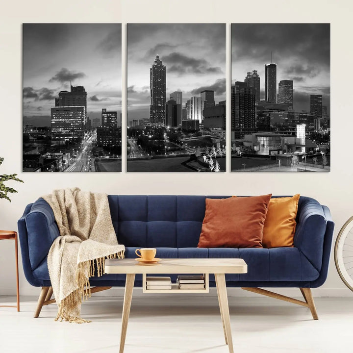 Elevate your space with the Atlanta City Cloudy Skyline Black and White Wall Art, expertly printed on museum-quality canvas. This eye-catching piece comes ready to hang after being professionally hand-assembled for a flawless finish.