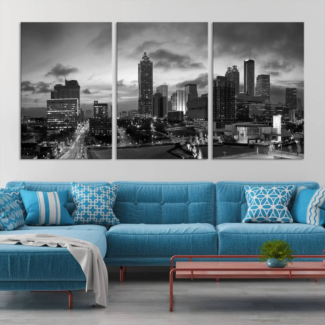 Elevate your space with the Atlanta City Cloudy Skyline Black and White Wall Art, expertly printed on museum-quality canvas. This eye-catching piece comes ready to hang after being professionally hand-assembled for a flawless finish.