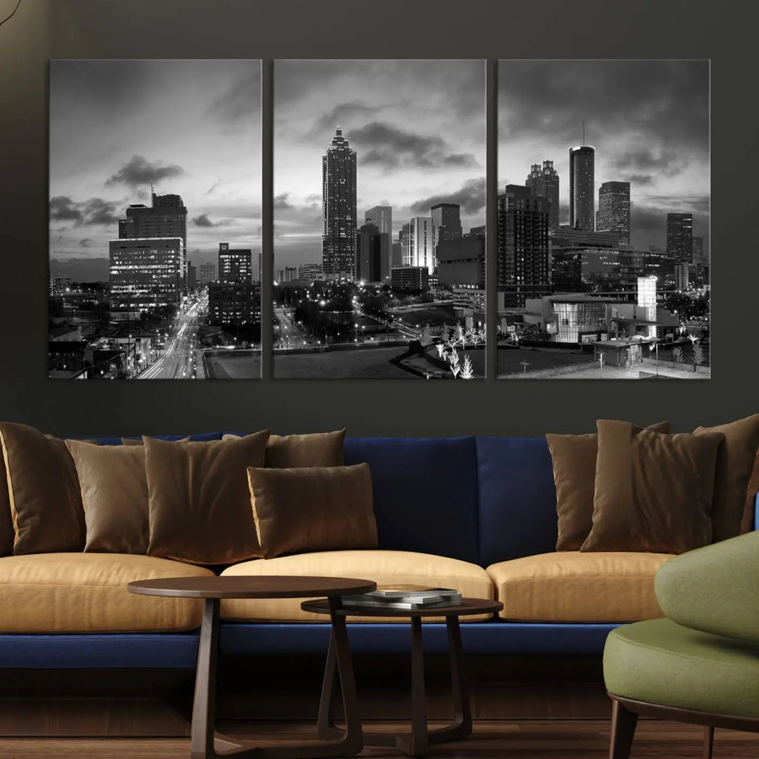 Elevate your space with the Atlanta City Cloudy Skyline Black and White Wall Art, expertly printed on museum-quality canvas. This eye-catching piece comes ready to hang after being professionally hand-assembled for a flawless finish.