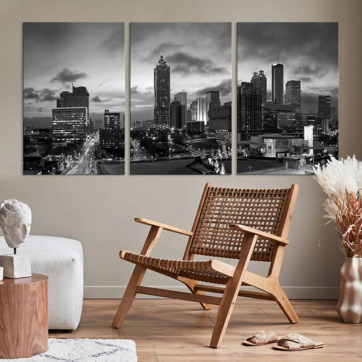 Elevate your space with the Atlanta City Cloudy Skyline Black and White Wall Art, expertly printed on museum-quality canvas. This eye-catching piece comes ready to hang after being professionally hand-assembled for a flawless finish.