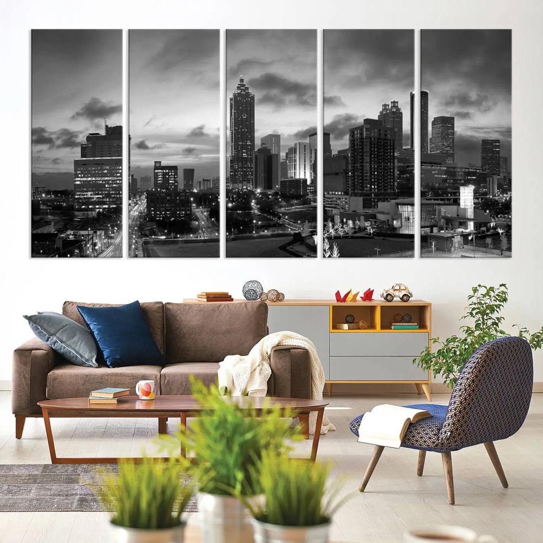 Elevate your space with the Atlanta City Cloudy Skyline Black and White Wall Art, expertly printed on museum-quality canvas. This eye-catching piece comes ready to hang after being professionally hand-assembled for a flawless finish.