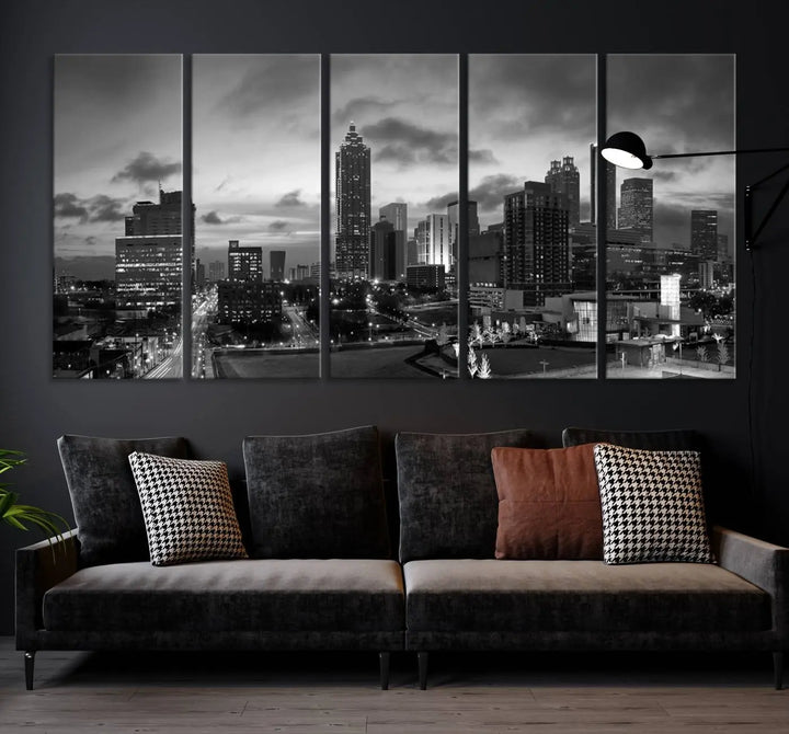 Elevate your space with the Atlanta City Cloudy Skyline Black and White Wall Art, expertly printed on museum-quality canvas. This eye-catching piece comes ready to hang after being professionally hand-assembled for a flawless finish.