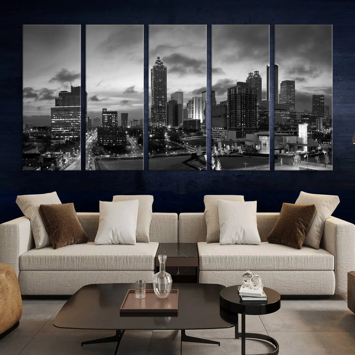 Elevate your space with the Atlanta City Cloudy Skyline Black and White Wall Art, expertly printed on museum-quality canvas. This eye-catching piece comes ready to hang after being professionally hand-assembled for a flawless finish.