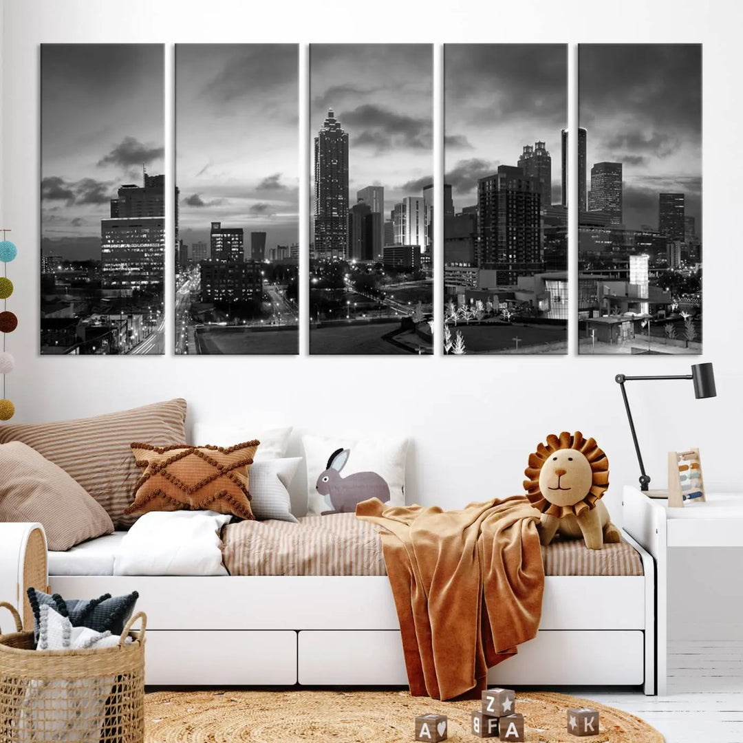 Elevate your space with the Atlanta City Cloudy Skyline Black and White Wall Art, expertly printed on museum-quality canvas. This eye-catching piece comes ready to hang after being professionally hand-assembled for a flawless finish.