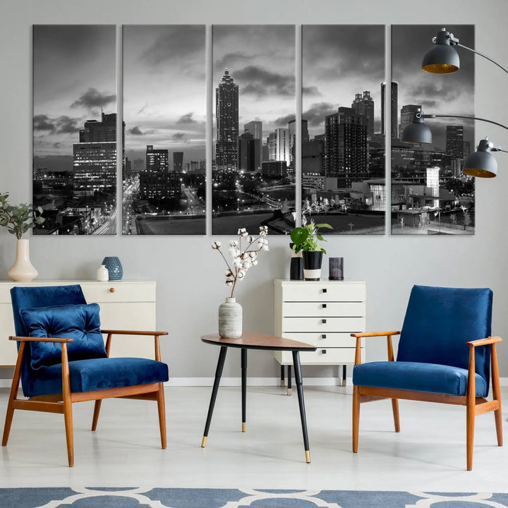 Elevate your space with the Atlanta City Cloudy Skyline Black and White Wall Art, expertly printed on museum-quality canvas. This eye-catching piece comes ready to hang after being professionally hand-assembled for a flawless finish.