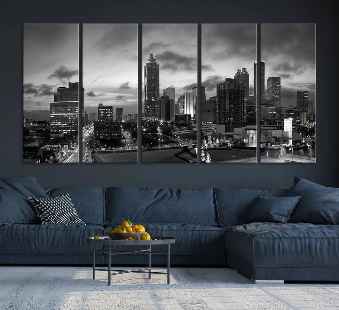 Elevate your space with the Atlanta City Cloudy Skyline Black and White Wall Art, expertly printed on museum-quality canvas. This eye-catching piece comes ready to hang after being professionally hand-assembled for a flawless finish.