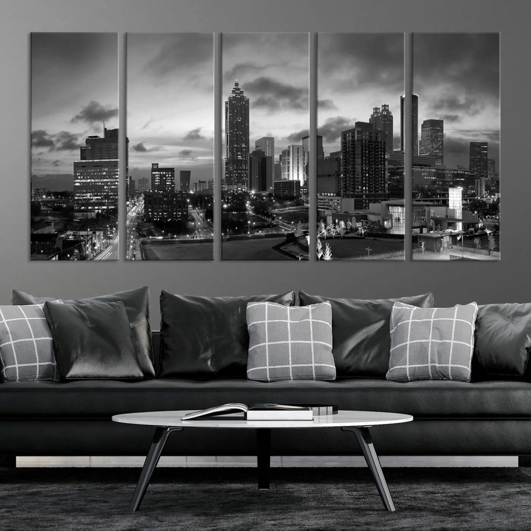 Elevate your space with the Atlanta City Cloudy Skyline Black and White Wall Art, expertly printed on museum-quality canvas. This eye-catching piece comes ready to hang after being professionally hand-assembled for a flawless finish.