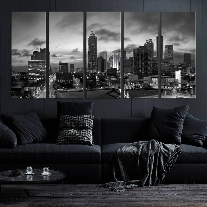 Elevate your space with the Atlanta City Cloudy Skyline Black and White Wall Art, expertly printed on museum-quality canvas. This eye-catching piece comes ready to hang after being professionally hand-assembled for a flawless finish.