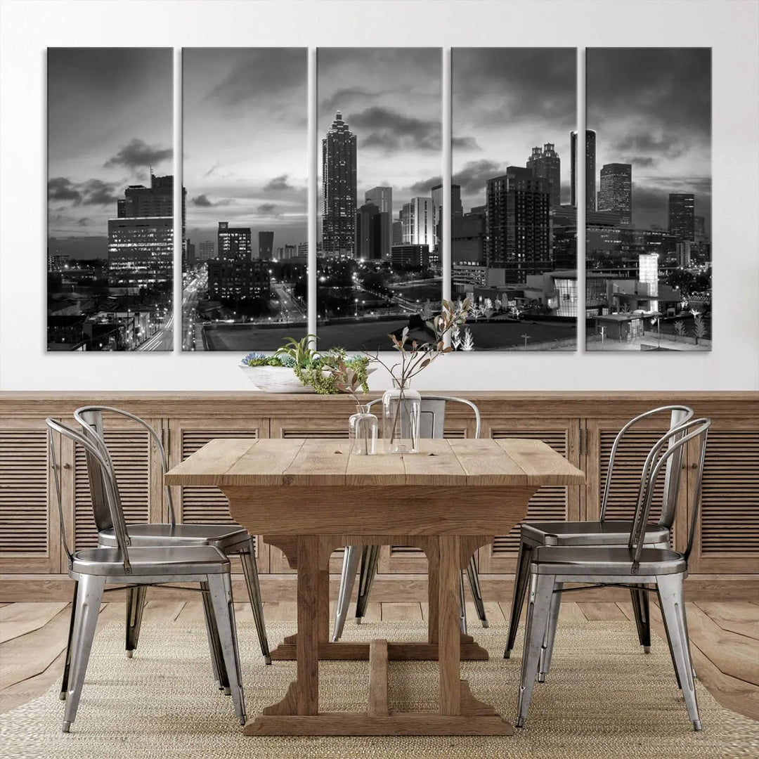 Elevate your space with the Atlanta City Cloudy Skyline Black and White Wall Art, expertly printed on museum-quality canvas. This eye-catching piece comes ready to hang after being professionally hand-assembled for a flawless finish.