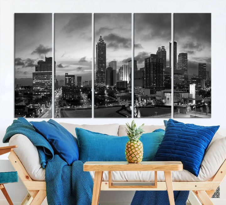 Elevate your space with the Atlanta City Cloudy Skyline Black and White Wall Art, expertly printed on museum-quality canvas. This eye-catching piece comes ready to hang after being professionally hand-assembled for a flawless finish.