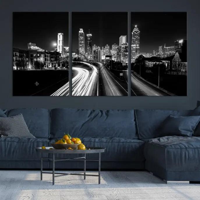 Atlanta City Lights Black and White Wall Art Cityscape Canvas Print 