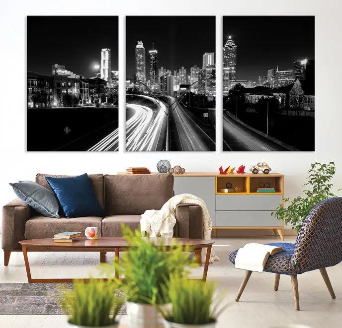 Atlanta City Lights Black and White Wall Art Cityscape Canvas Print 