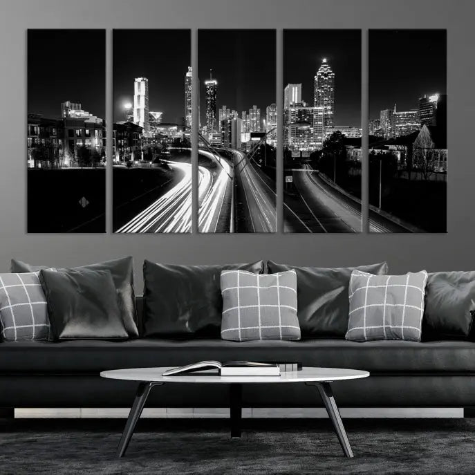 The room features an Atlanta City Lights Black and White Wall Art Cityscape Canvas Print on the wall, with the piece gallery wrapped on museum-quality canvas.