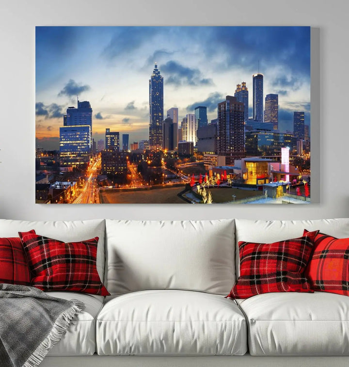 Displayed in the background is the Atlanta City Lights Blue Cloudy Cityscape Canvas Print, complete with a UV-protective coating.