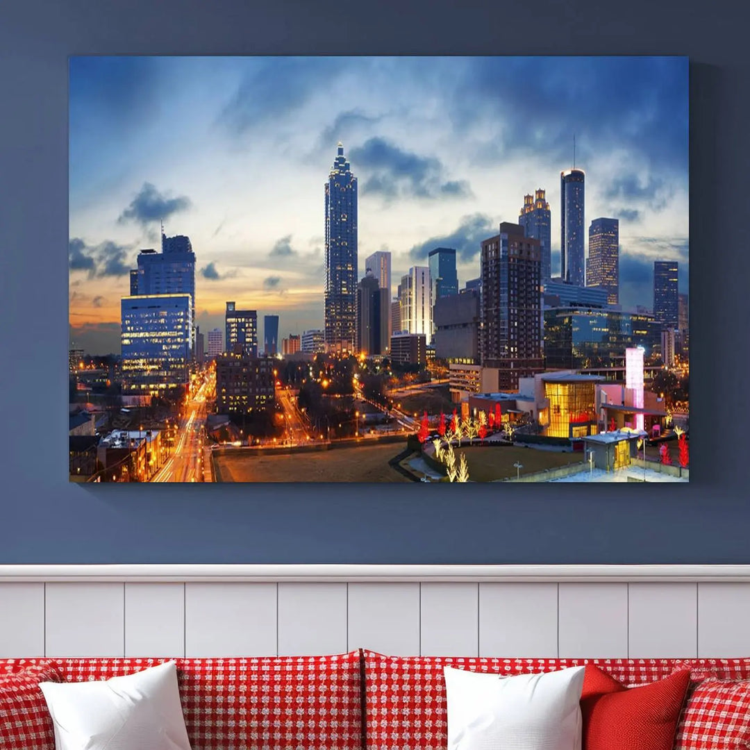 Displayed in the background is the Atlanta City Lights Blue Cloudy Cityscape Canvas Print, complete with a UV-protective coating.