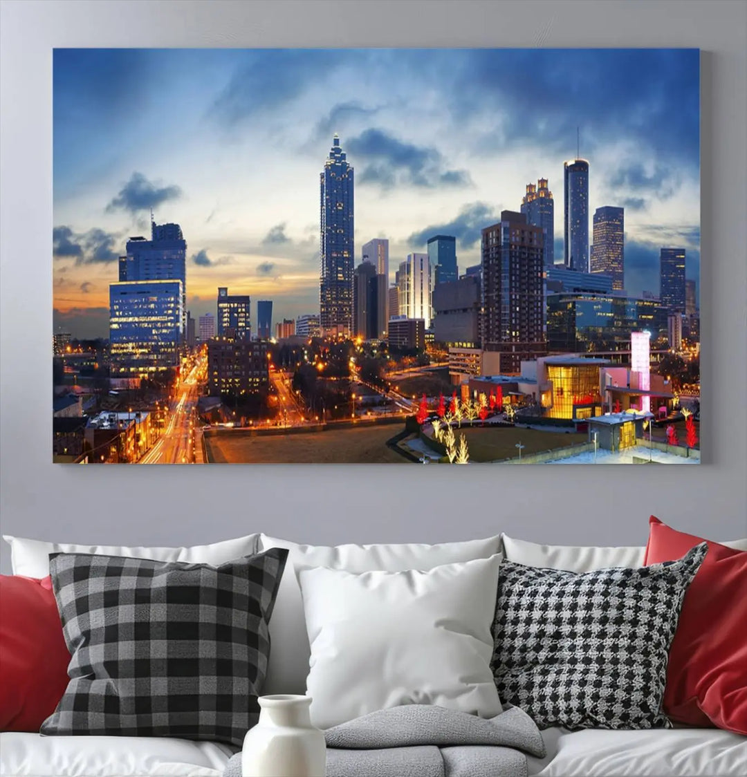 Displayed in the background is the Atlanta City Lights Blue Cloudy Cityscape Canvas Print, complete with a UV-protective coating.