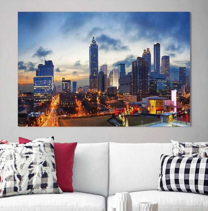 Displayed in the background is the Atlanta City Lights Blue Cloudy Cityscape Canvas Print, complete with a UV-protective coating.