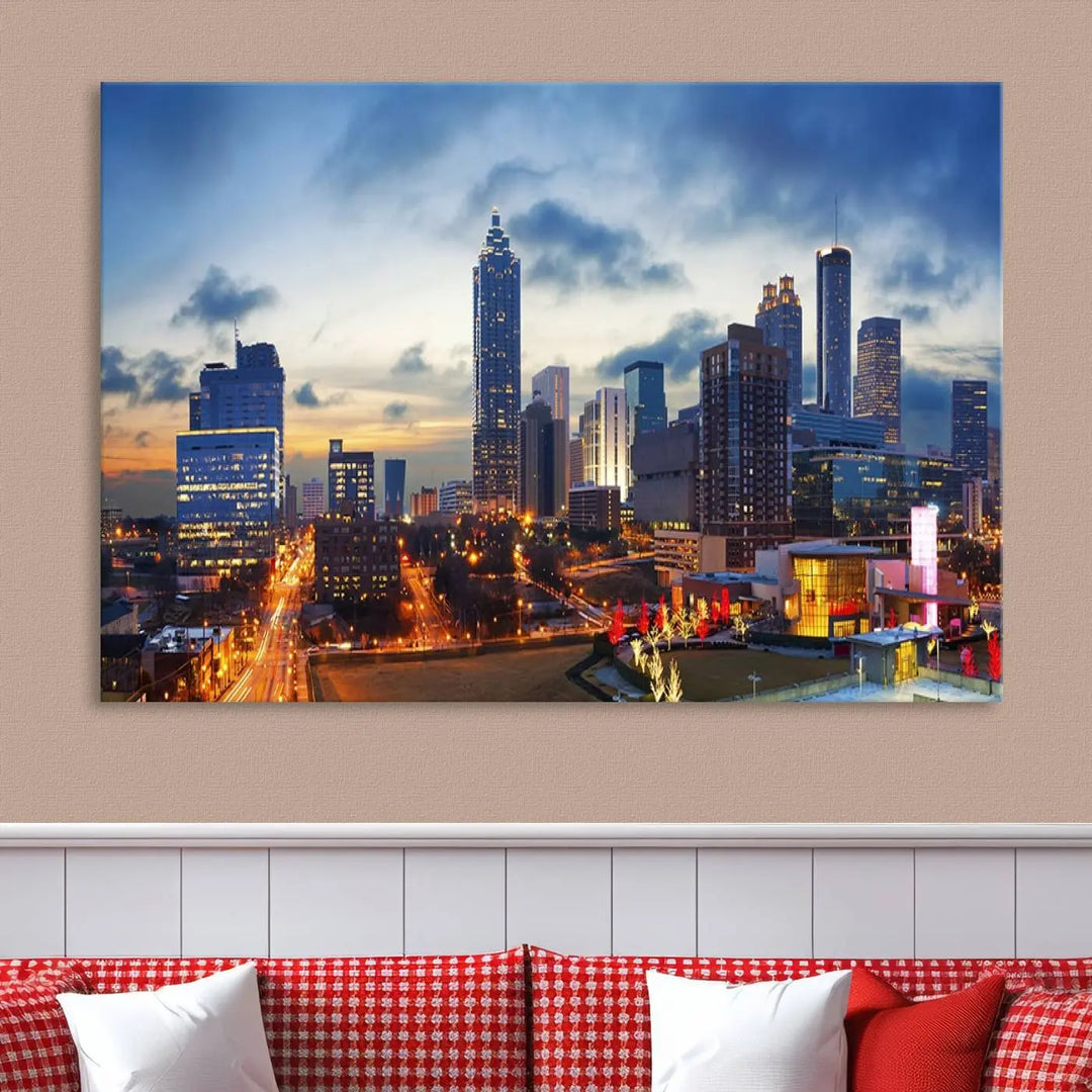 Displayed in the background is the Atlanta City Lights Blue Cloudy Cityscape Canvas Print, complete with a UV-protective coating.