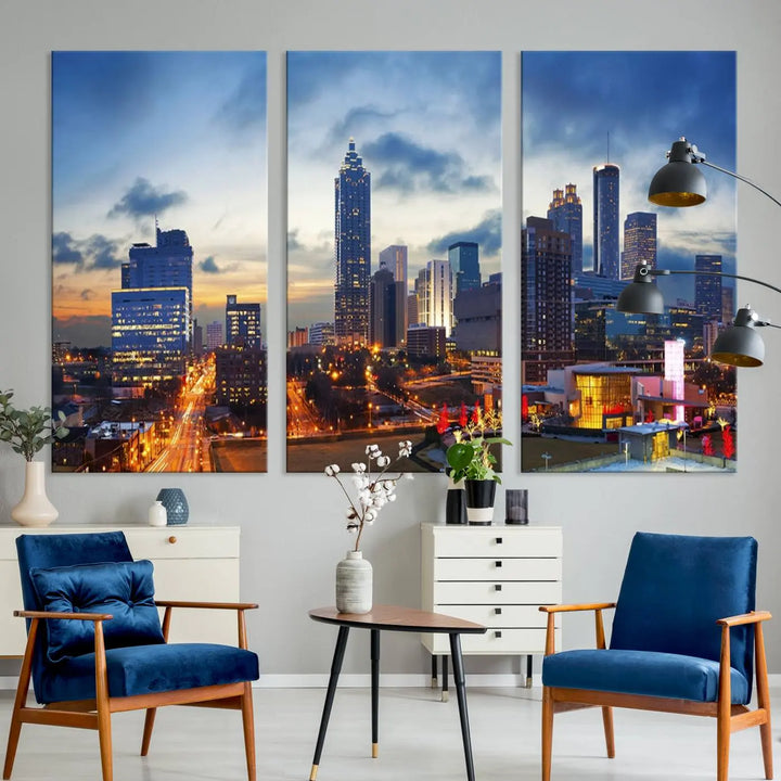 Displayed in the background is the Atlanta City Lights Blue Cloudy Cityscape Canvas Print, complete with a UV-protective coating.