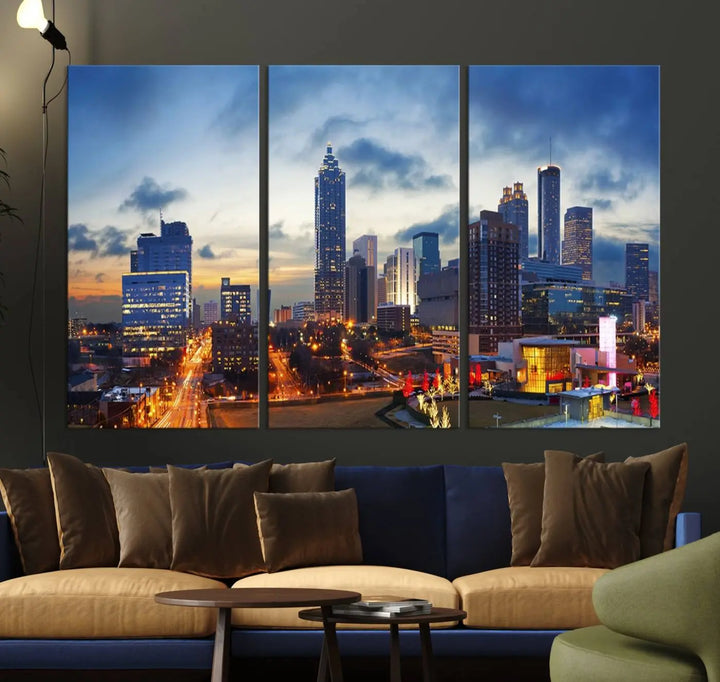 Displayed in the background is the Atlanta City Lights Blue Cloudy Cityscape Canvas Print, complete with a UV-protective coating.