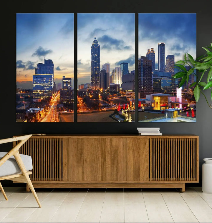 Displayed in the background is the Atlanta City Lights Blue Cloudy Cityscape Canvas Print, complete with a UV-protective coating.