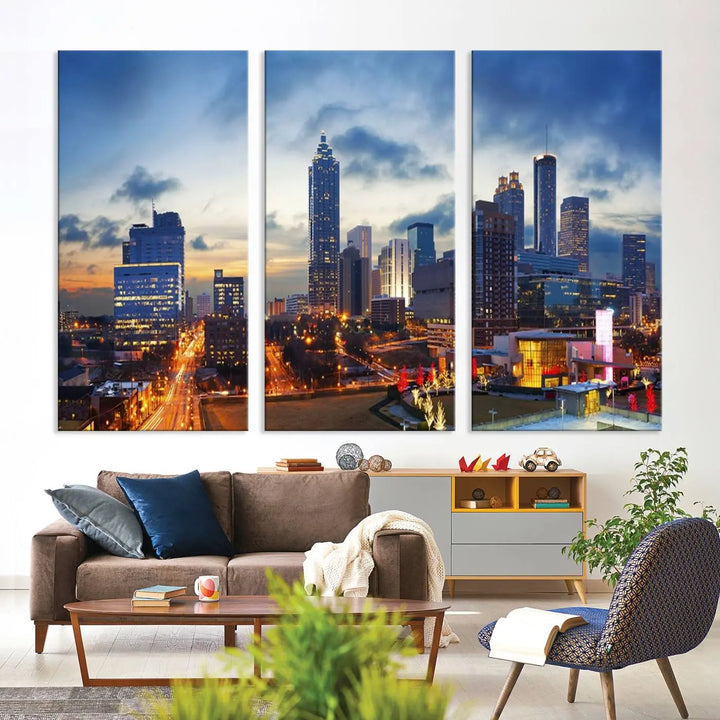 Displayed in the background is the Atlanta City Lights Blue Cloudy Cityscape Canvas Print, complete with a UV-protective coating.