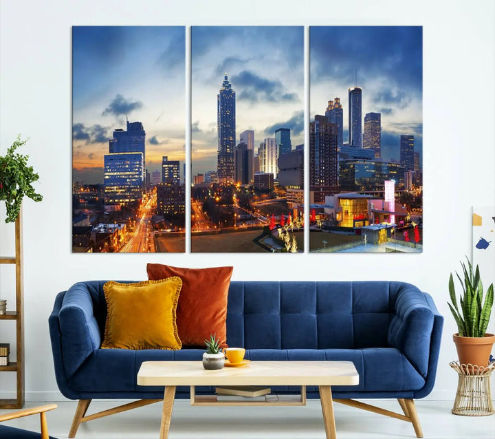 Displayed in the background is the Atlanta City Lights Blue Cloudy Cityscape Canvas Print, complete with a UV-protective coating.