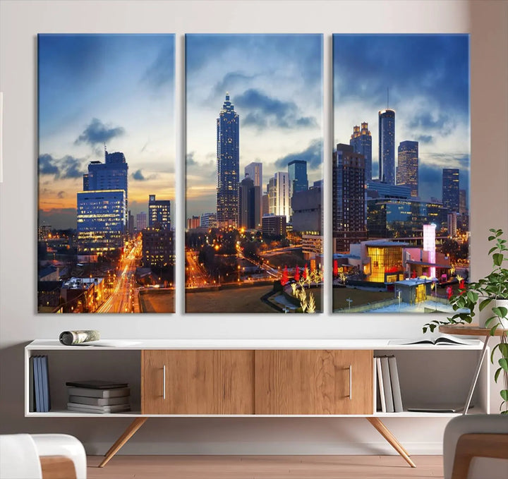 Displayed in the background is the Atlanta City Lights Blue Cloudy Cityscape Canvas Print, complete with a UV-protective coating.