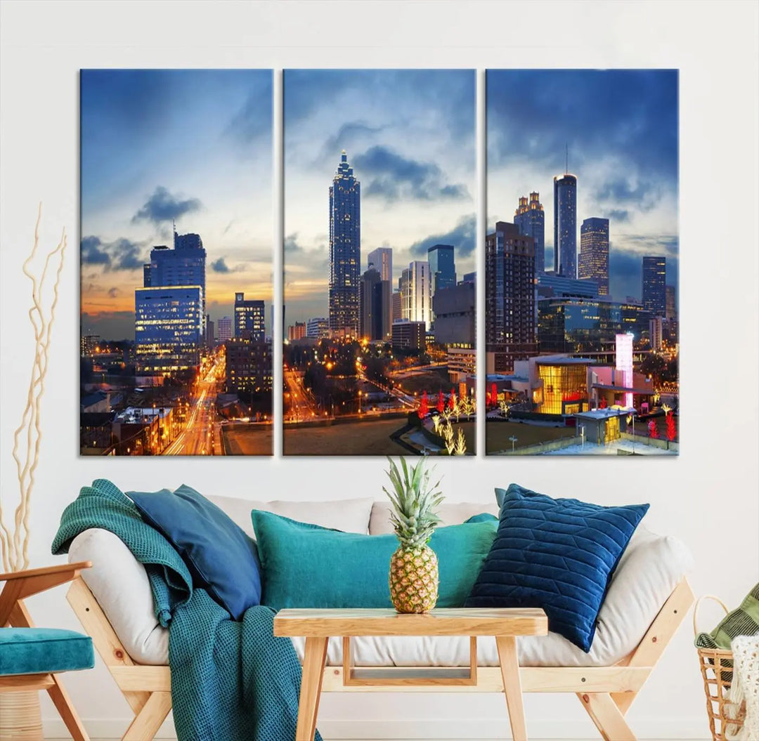 Displayed in the background is the Atlanta City Lights Blue Cloudy Cityscape Canvas Print, complete with a UV-protective coating.