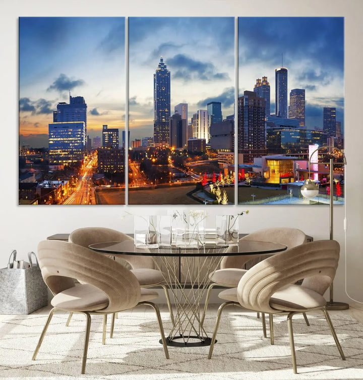 Displayed in the background is the Atlanta City Lights Blue Cloudy Cityscape Canvas Print, complete with a UV-protective coating.