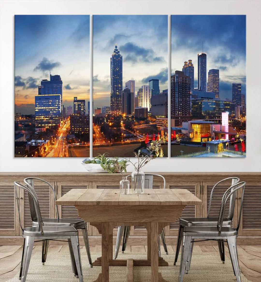 Displayed in the background is the Atlanta City Lights Blue Cloudy Cityscape Canvas Print, complete with a UV-protective coating.