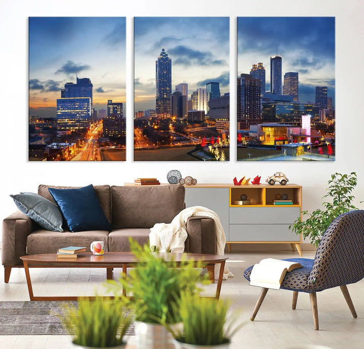 Displayed in the background is the Atlanta City Lights Blue Cloudy Cityscape Canvas Print, complete with a UV-protective coating.