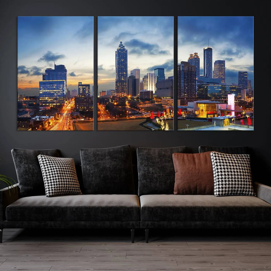 Displayed in the background is the Atlanta City Lights Blue Cloudy Cityscape Canvas Print, complete with a UV-protective coating.