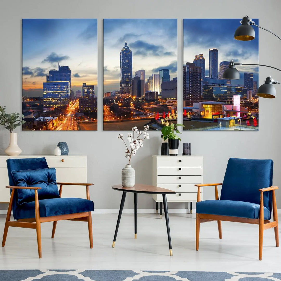 Displayed in the background is the Atlanta City Lights Blue Cloudy Cityscape Canvas Print, complete with a UV-protective coating.