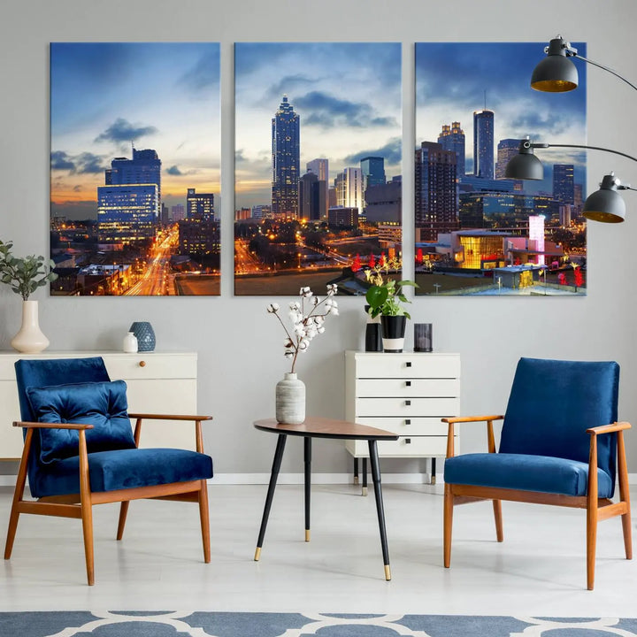 Displayed in the background is the Atlanta City Lights Blue Cloudy Cityscape Canvas Print, complete with a UV-protective coating.