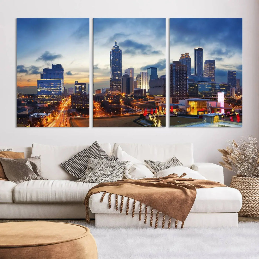 Displayed in the background is the Atlanta City Lights Blue Cloudy Cityscape Canvas Print, complete with a UV-protective coating.