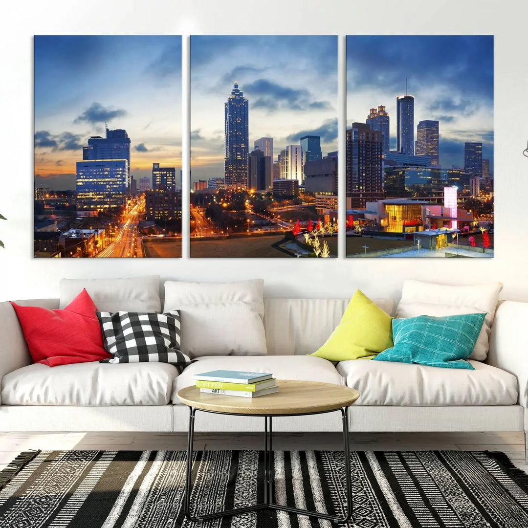 Displayed in the background is the Atlanta City Lights Blue Cloudy Cityscape Canvas Print, complete with a UV-protective coating.