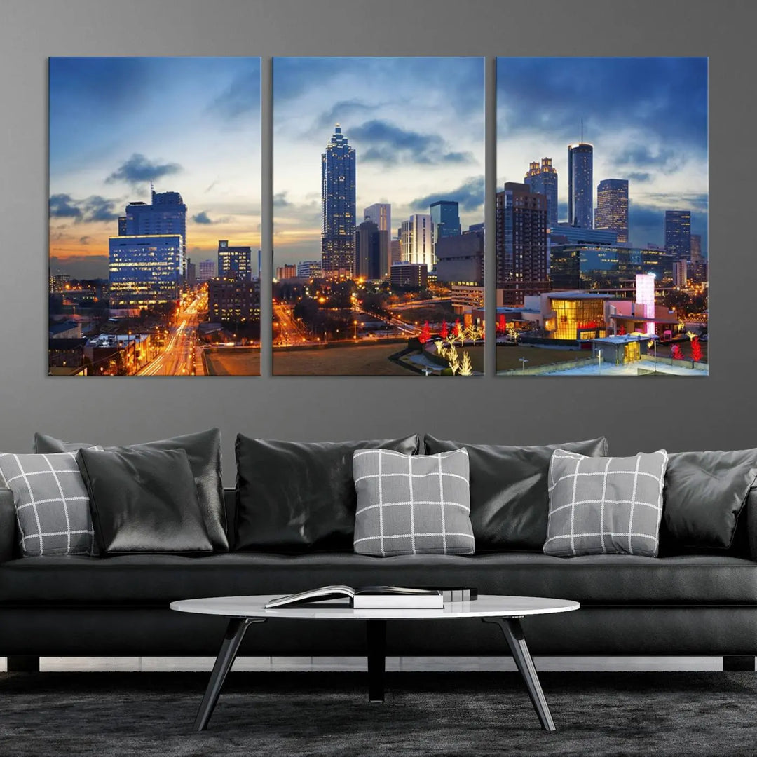 Displayed in the background is the Atlanta City Lights Blue Cloudy Cityscape Canvas Print, complete with a UV-protective coating.