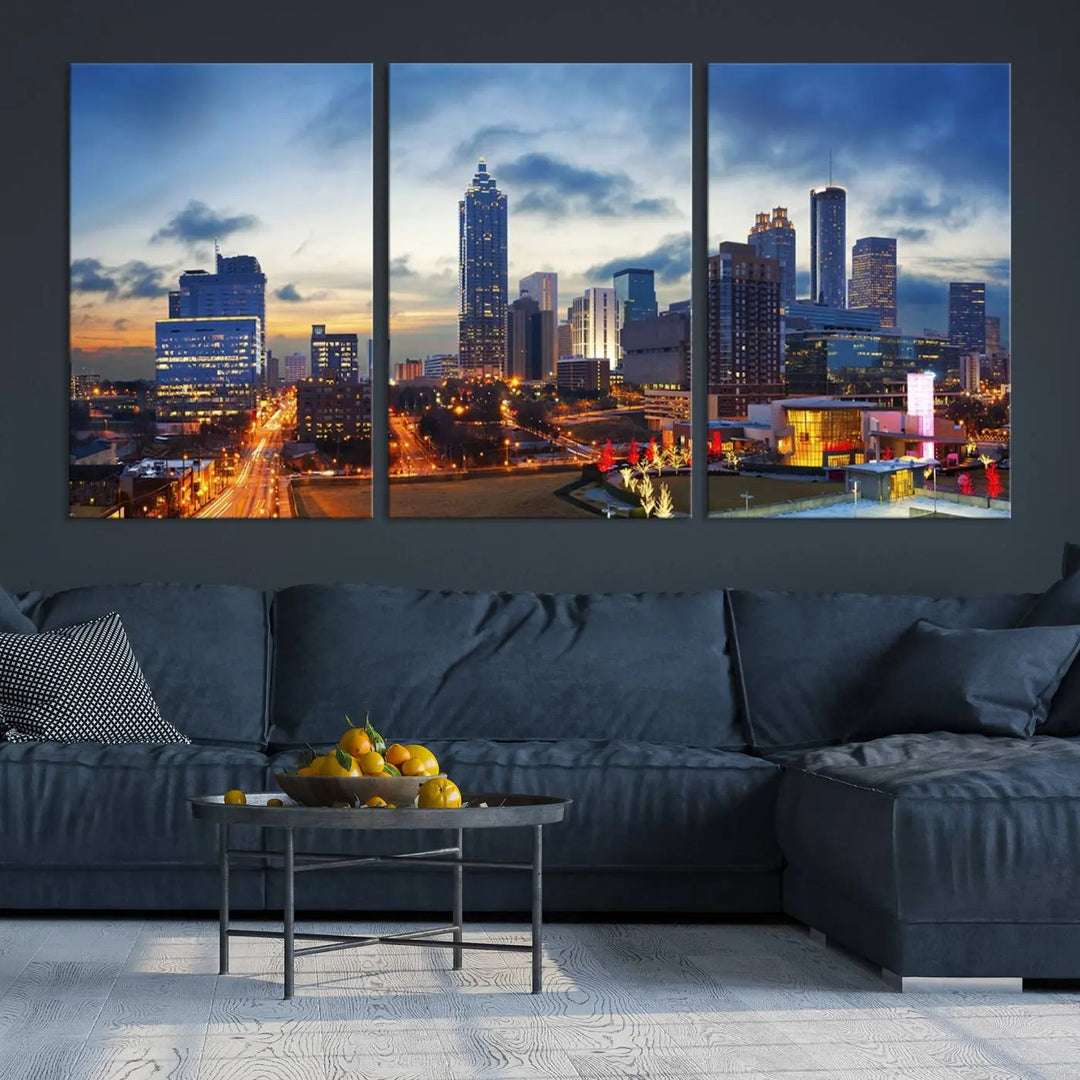 Displayed in the background is the Atlanta City Lights Blue Cloudy Cityscape Canvas Print, complete with a UV-protective coating.